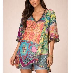 Johnny Was Floral Tunic Top Cotton in Multicolor Patchwork Print size Small